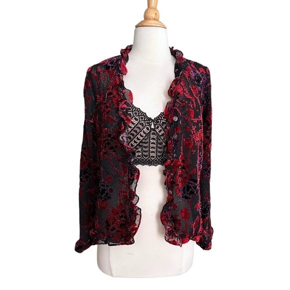 COLDWATER CREEK Sheer Velvet Burnout Ruffle Trim Floral Blouse Whimsigoth Small - Picture 3 of 14